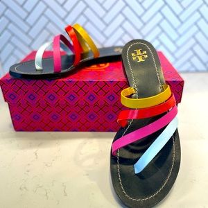 Tory Burch Patos Monark Vachetta Flat Sandal 37326, orange, pink, yellow, white,